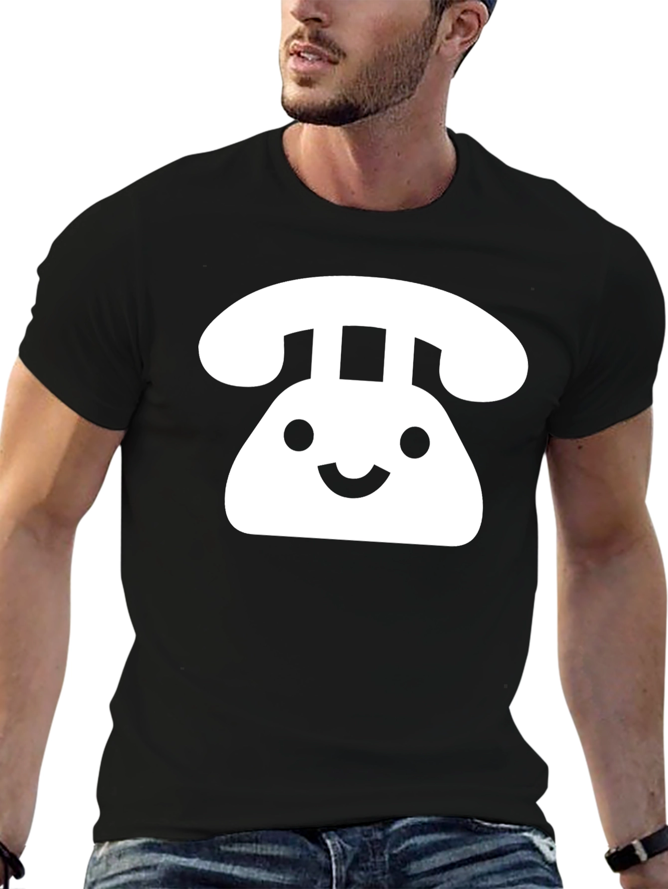 Retro Smiley Phone Graphic T-Shirt - Black