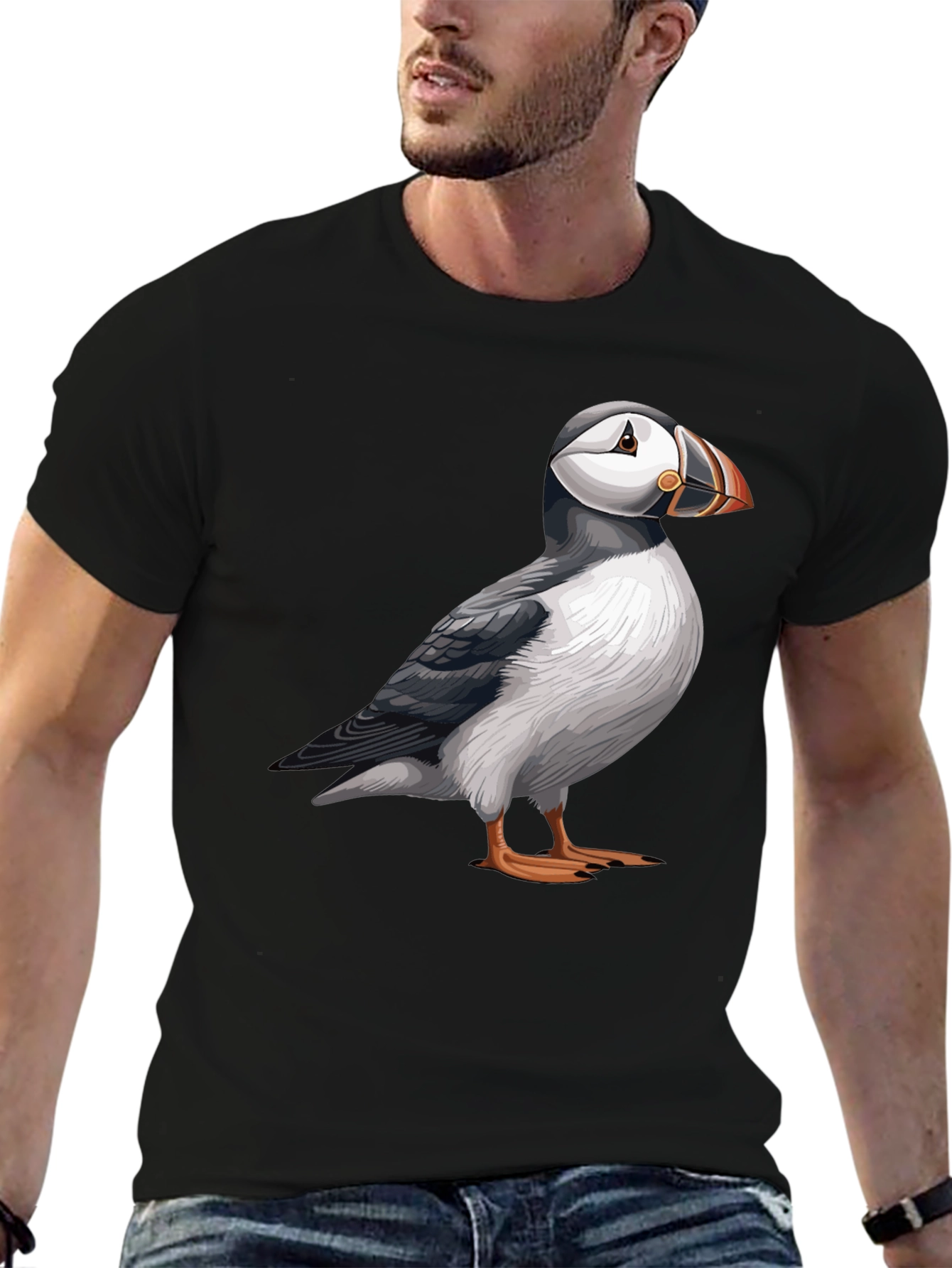 Puffin Graphic Tee - Soft Black Cotton Bird T-Shirt