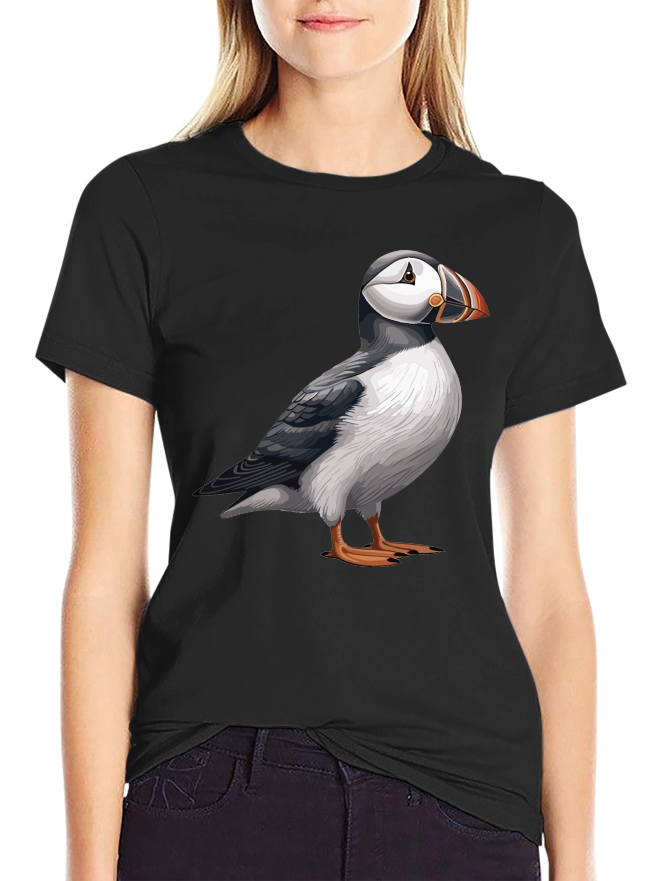 Puffin Graphic Tee - Soft Black Cotton Bird T-Shirt