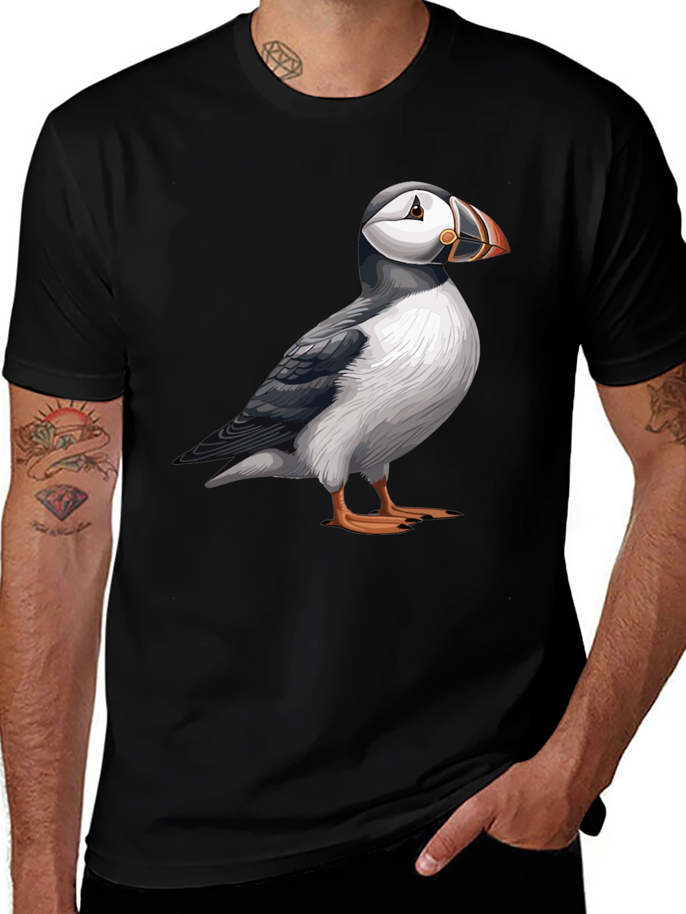 Puffin Graphic Tee - Soft Black Cotton Bird T-Shirt