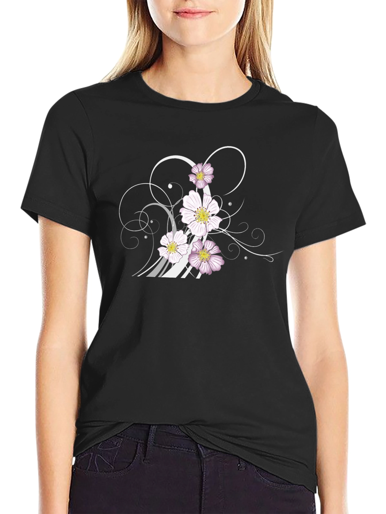 Floral Swirl Graphic Black T-Shirt