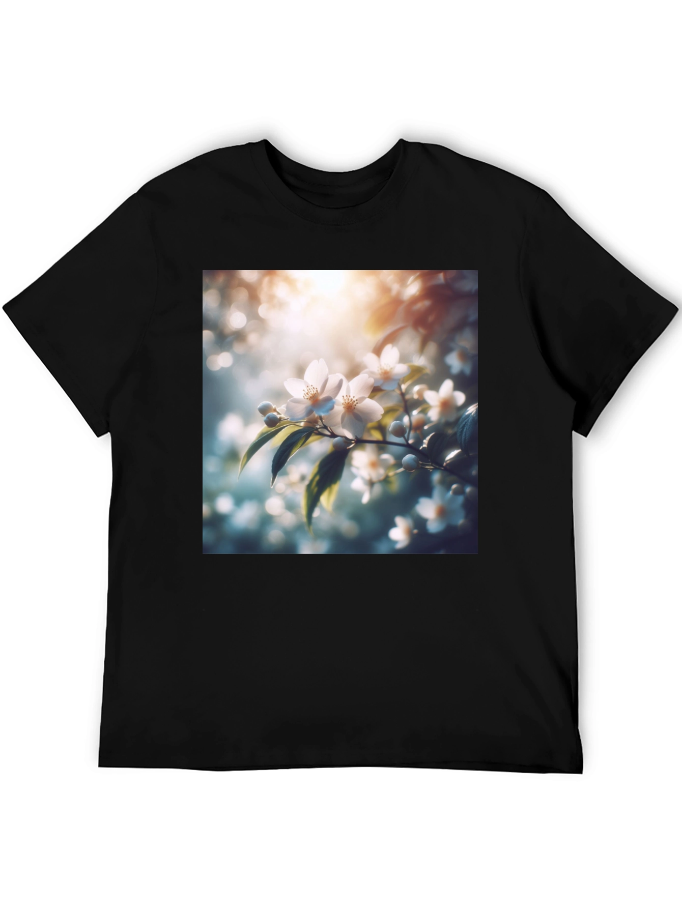 White Floral Blossom Graphic Black T-Shirt