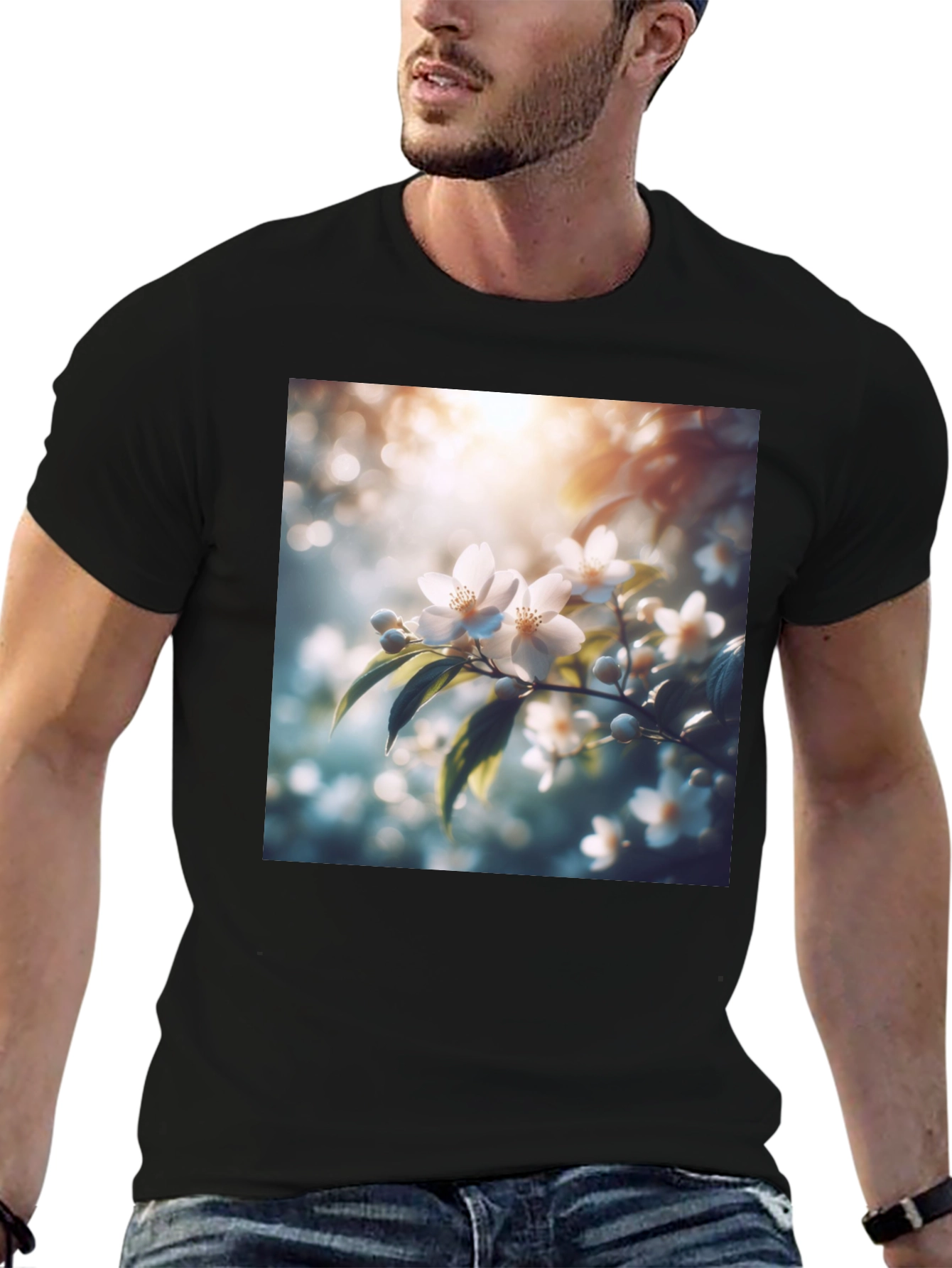 White Floral Blossom Graphic Black T-Shirt