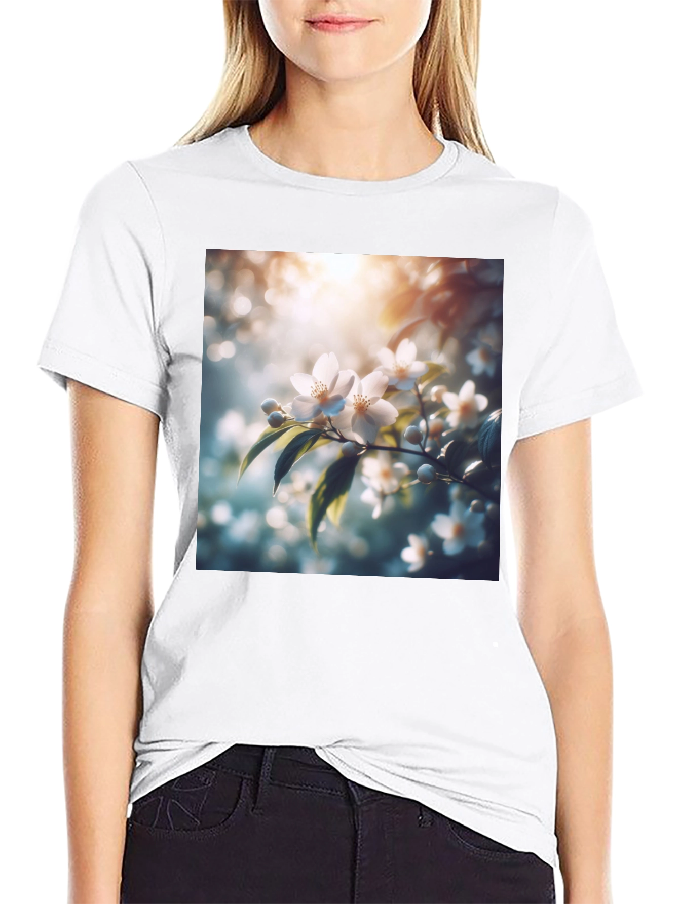 White Floral Blossom Graphic Black T-Shirt