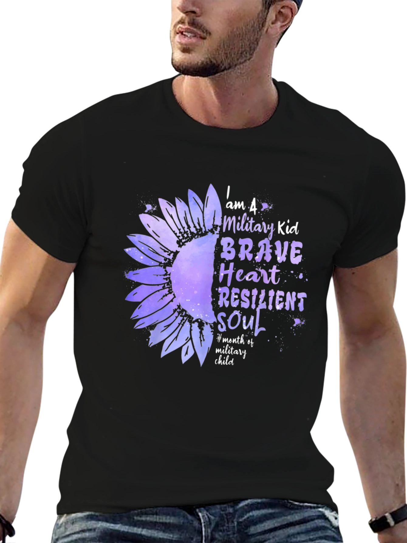 Military Kid Sunflower Graphic T-Shirt