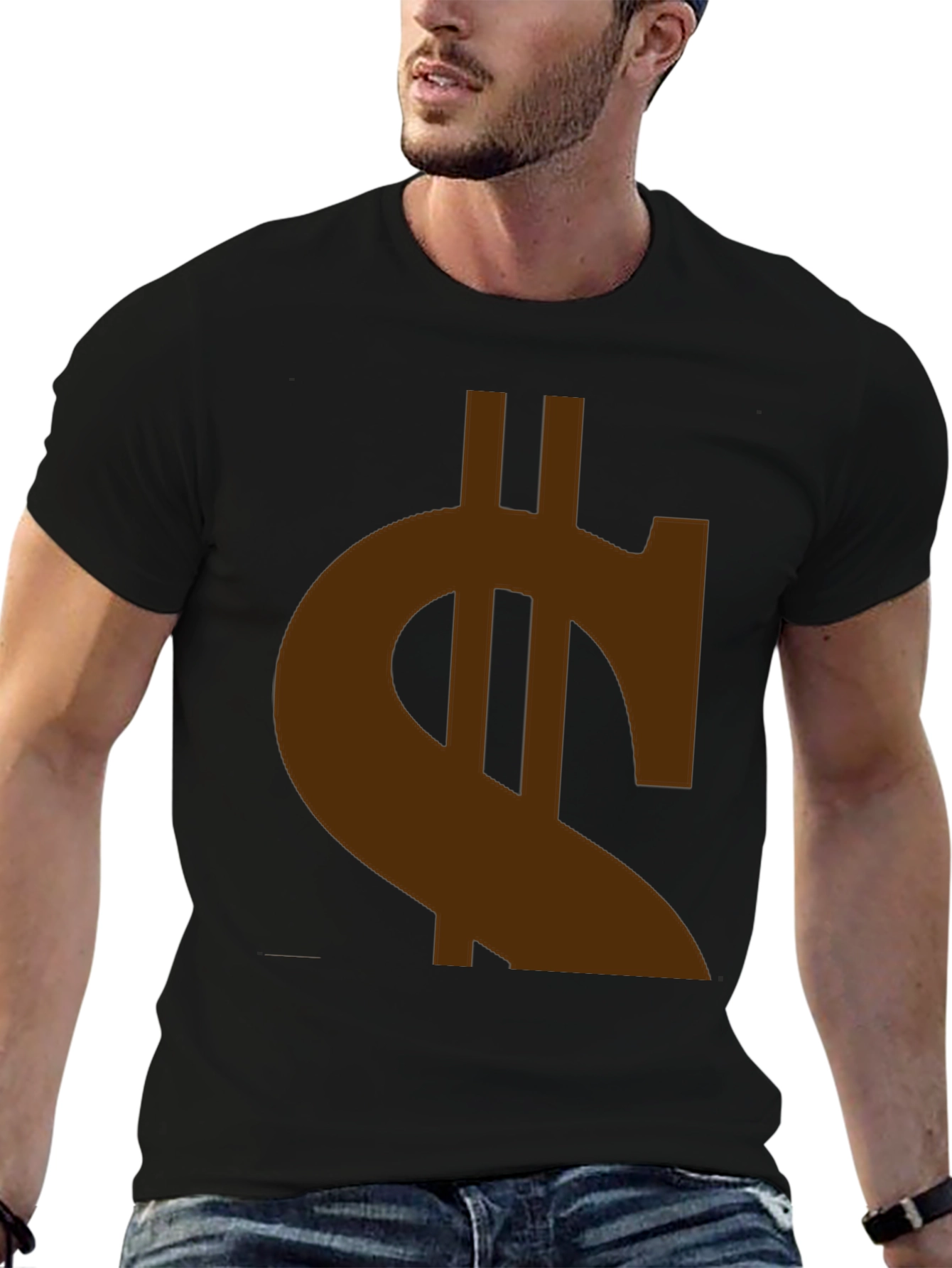 Mens Black T-Shirt with Brown Currency Symbol Design