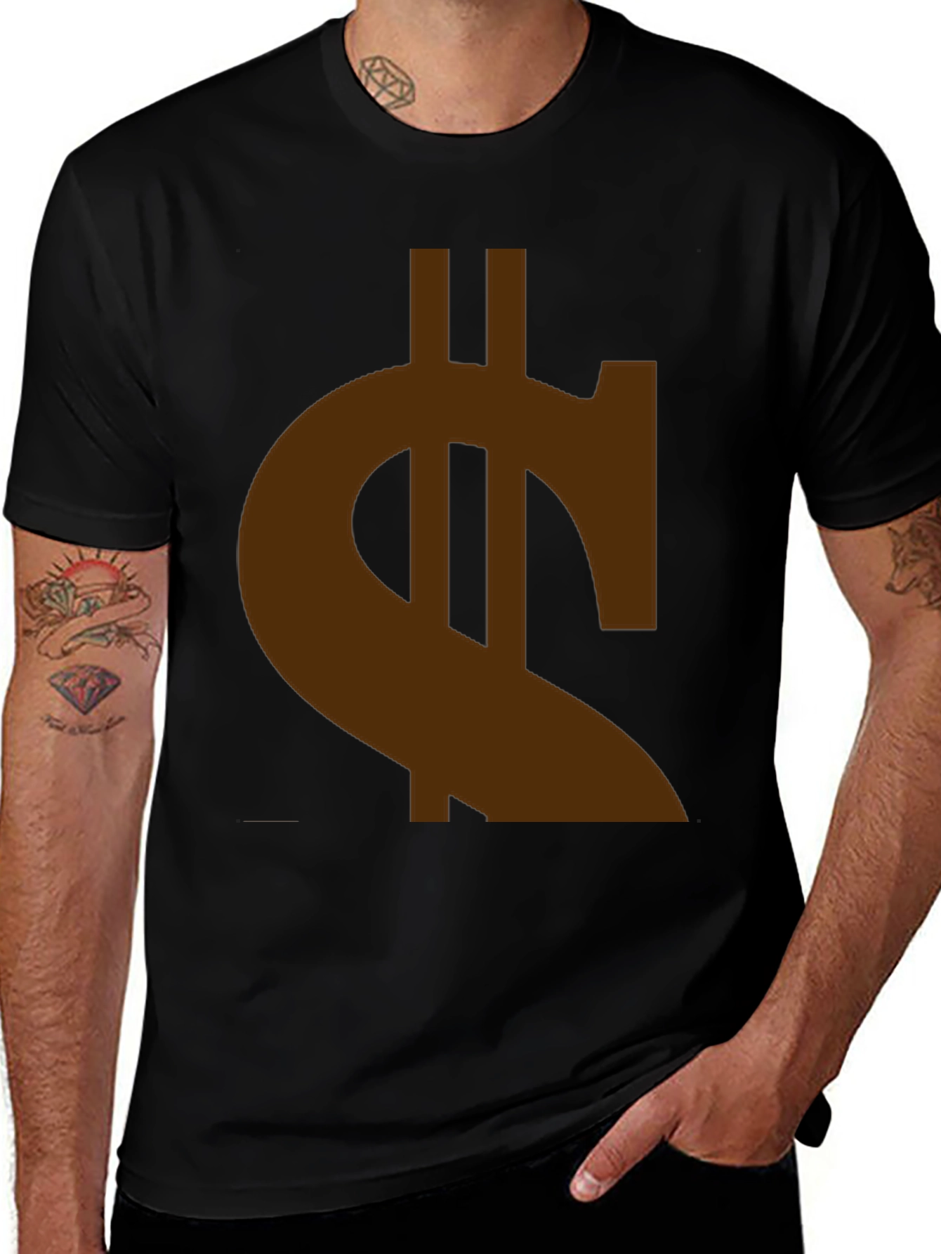 Mens Black T-Shirt with Brown Currency Symbol Design