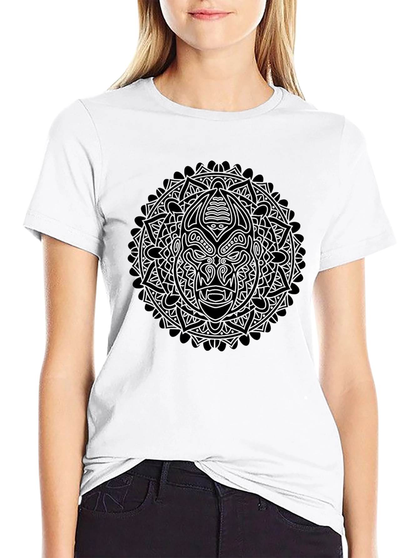 Tribal Mask Mandala Graphic Tee - Black Cotton T-Shirt