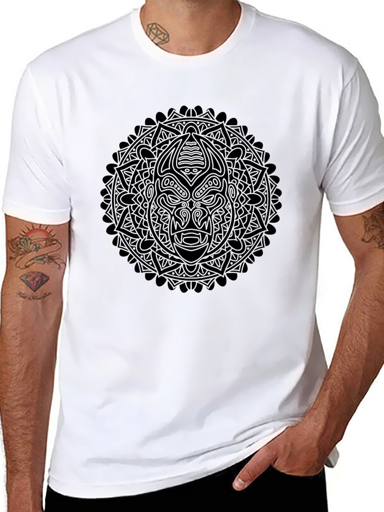 Tribal Mask Mandala Graphic Tee - Black Cotton T-Shirt
