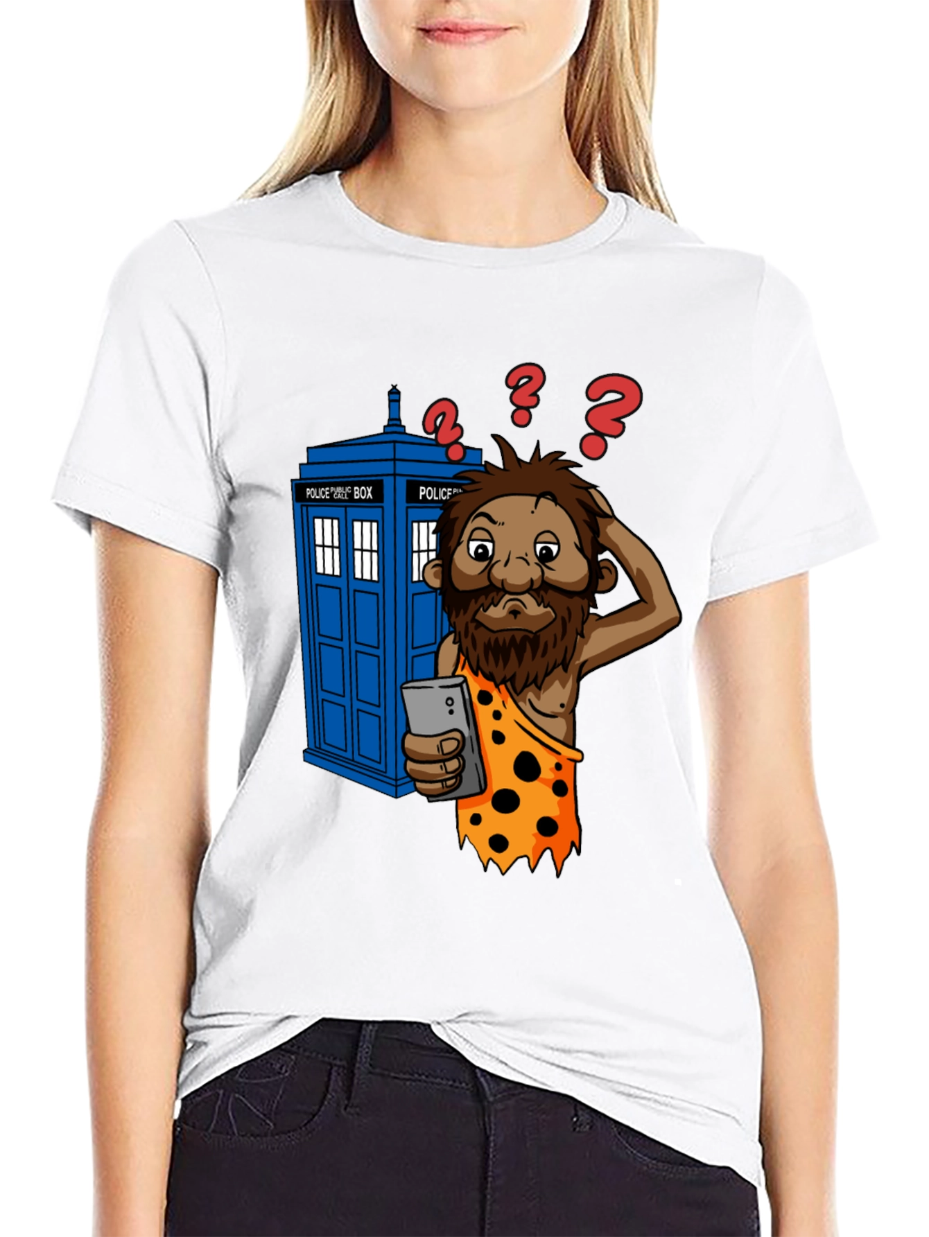 Time Traveler T-Shirt - Confused Caveman & Phone