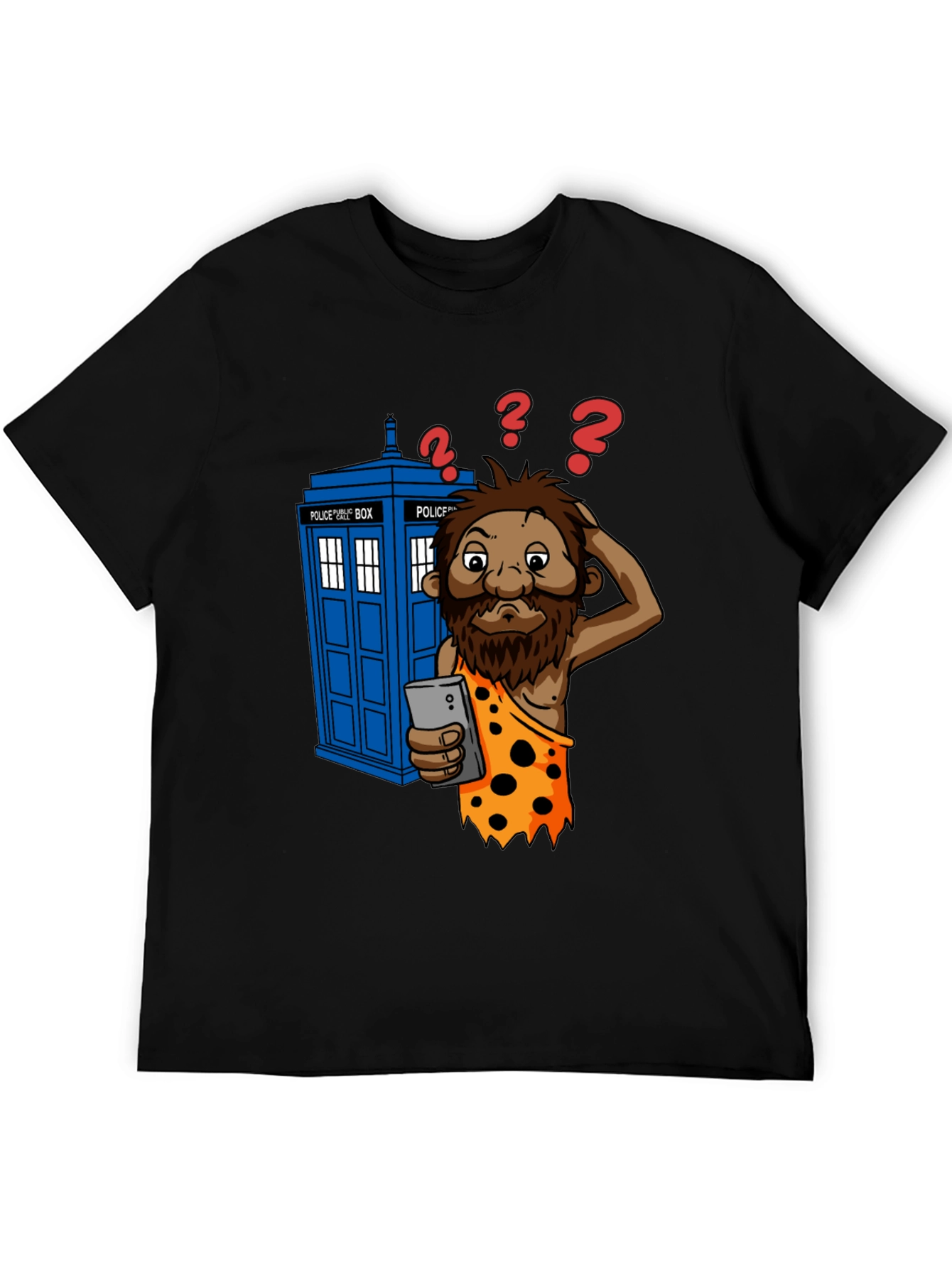Time Traveler T-Shirt - Confused Caveman & Phone
