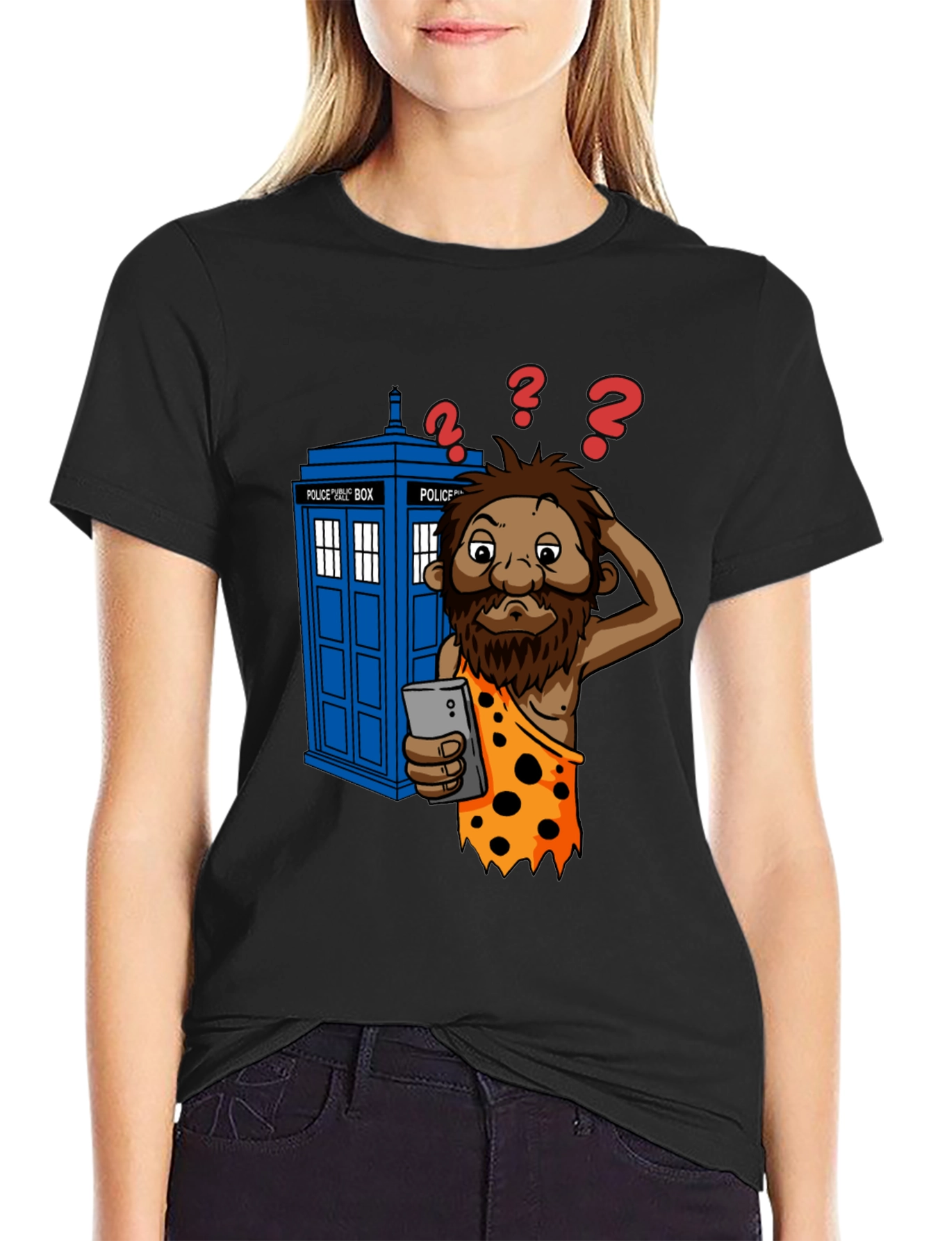 Time Traveler T-Shirt - Confused Caveman & Phone