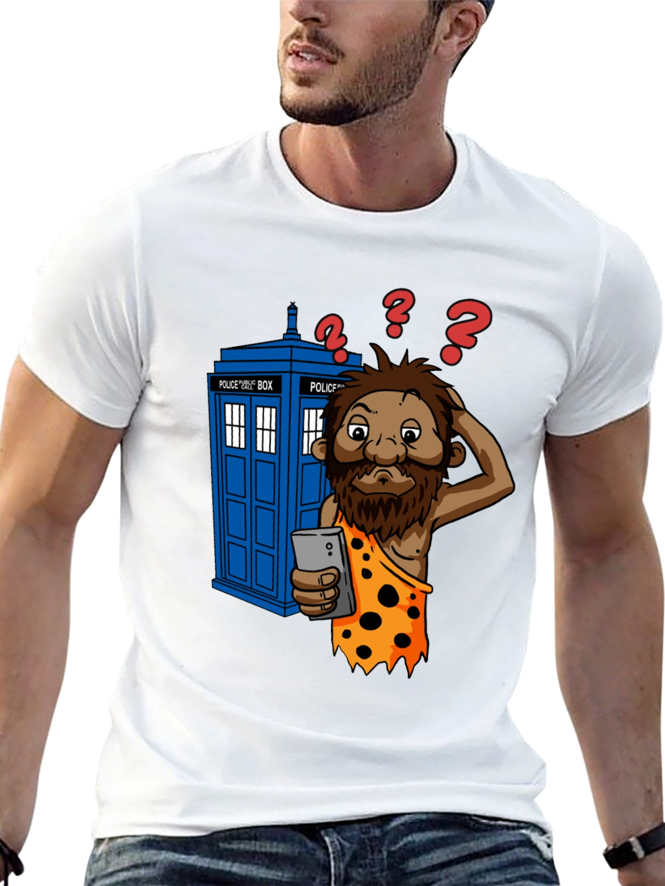 Time Traveler T-Shirt - Confused Caveman & Phone