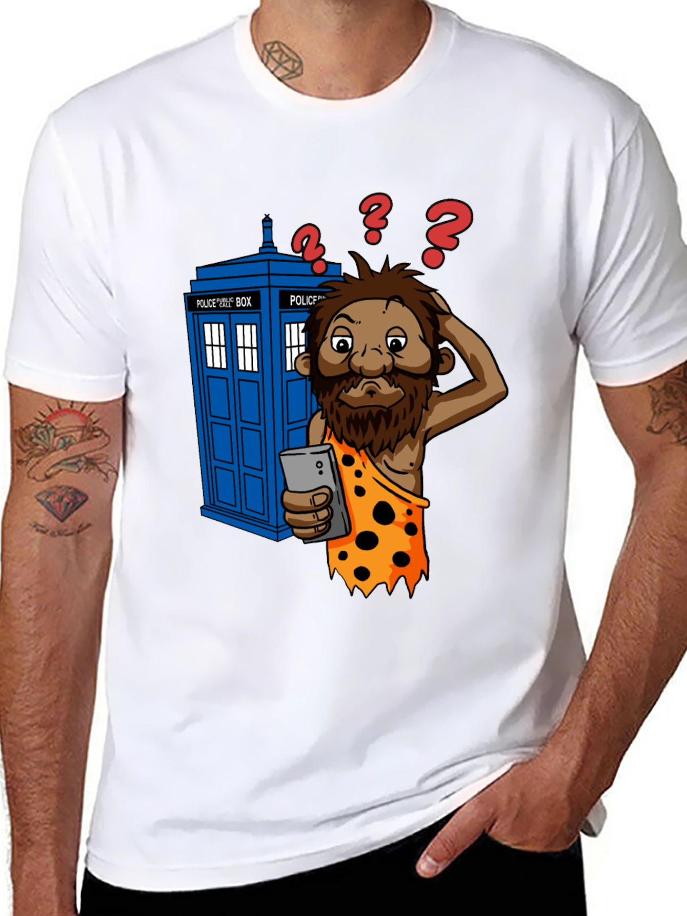 Time Traveler T-Shirt - Confused Caveman & Phone