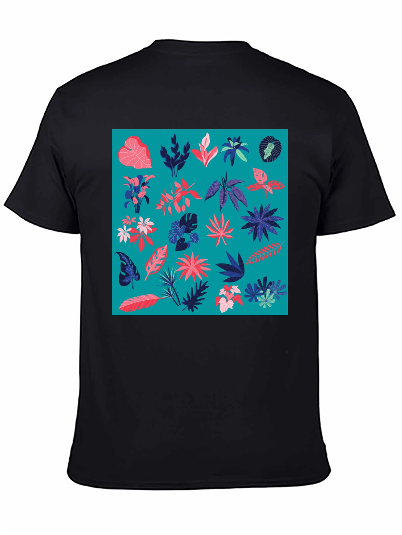 Tropical Plant Pattern Mens Black T-Shirt