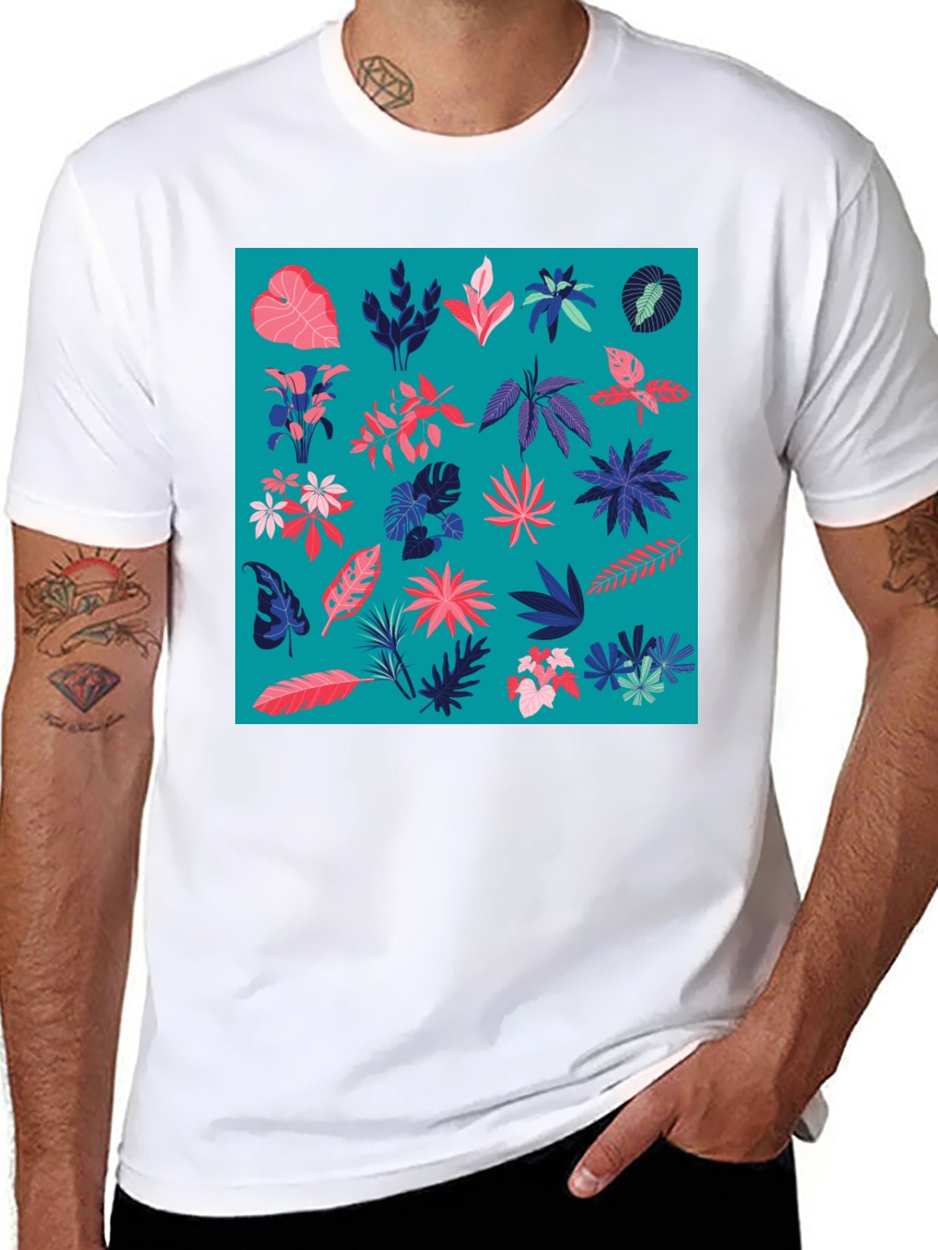 Tropical Plant Pattern Mens Black T-Shirt