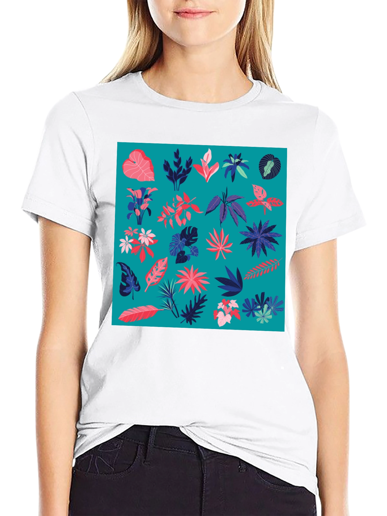 Tropical Plant Pattern Mens Black T-Shirt