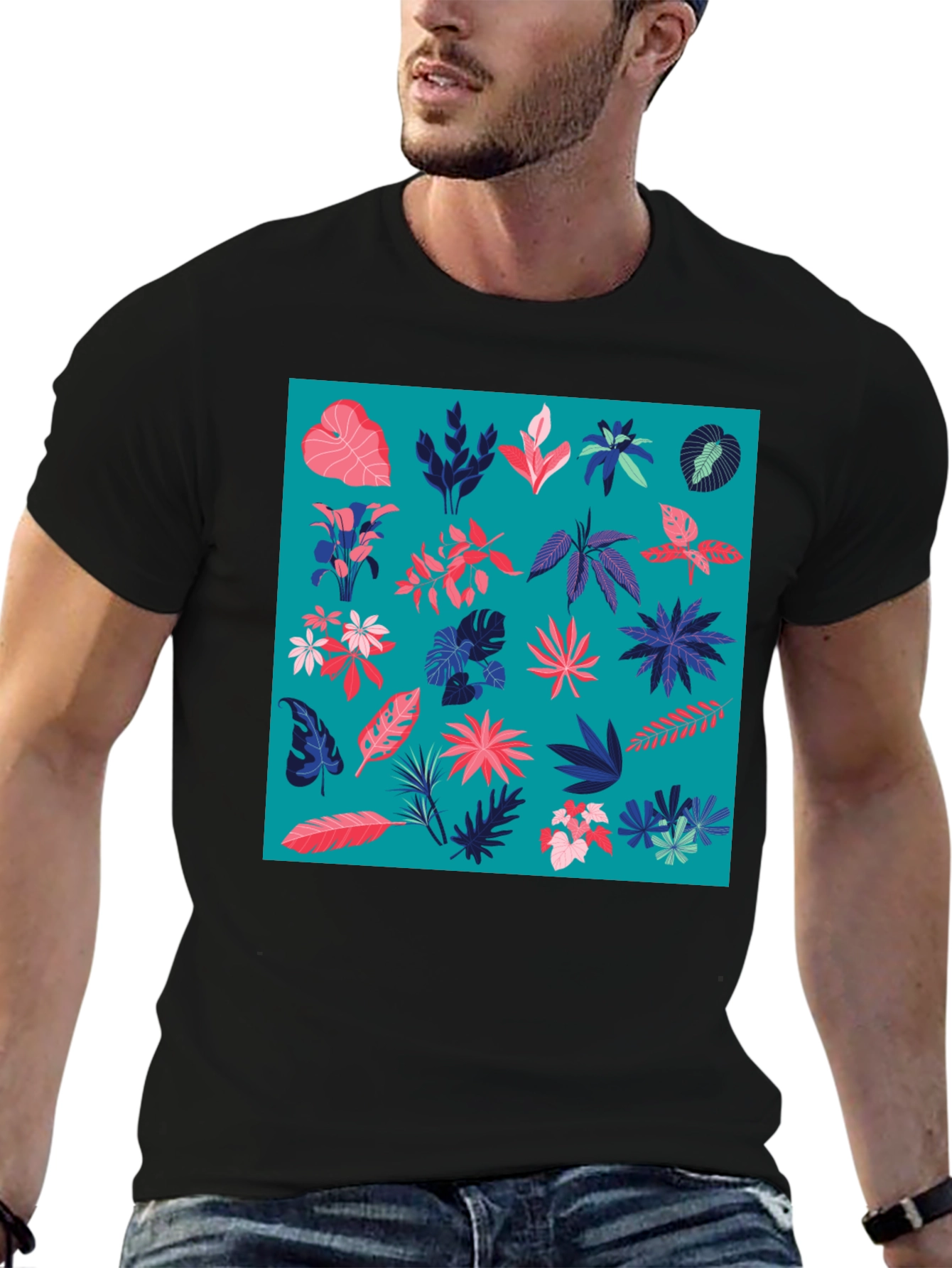 Tropical Plant Pattern Mens Black T-Shirt