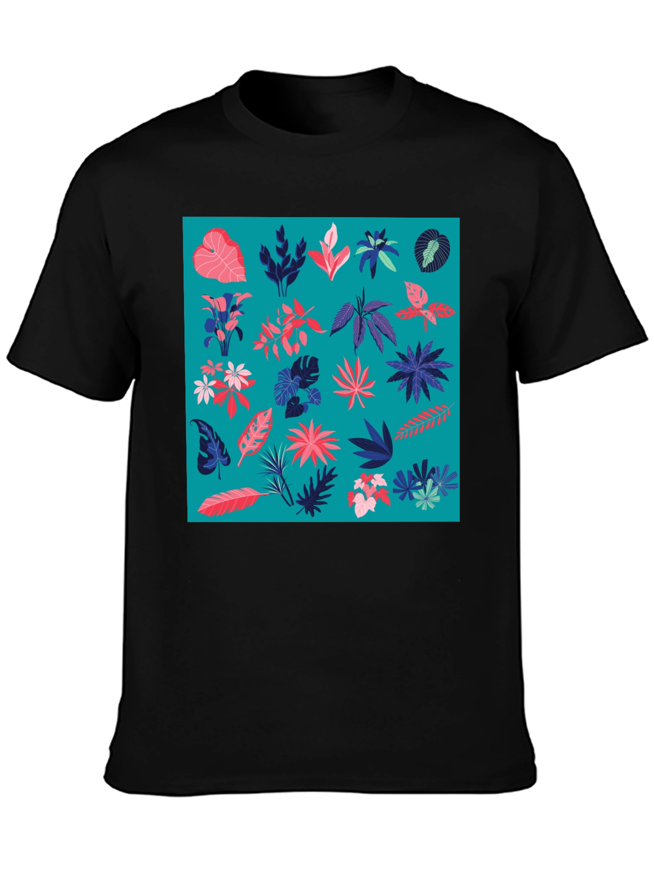 Tropical Plant Pattern Mens Black T-Shirt