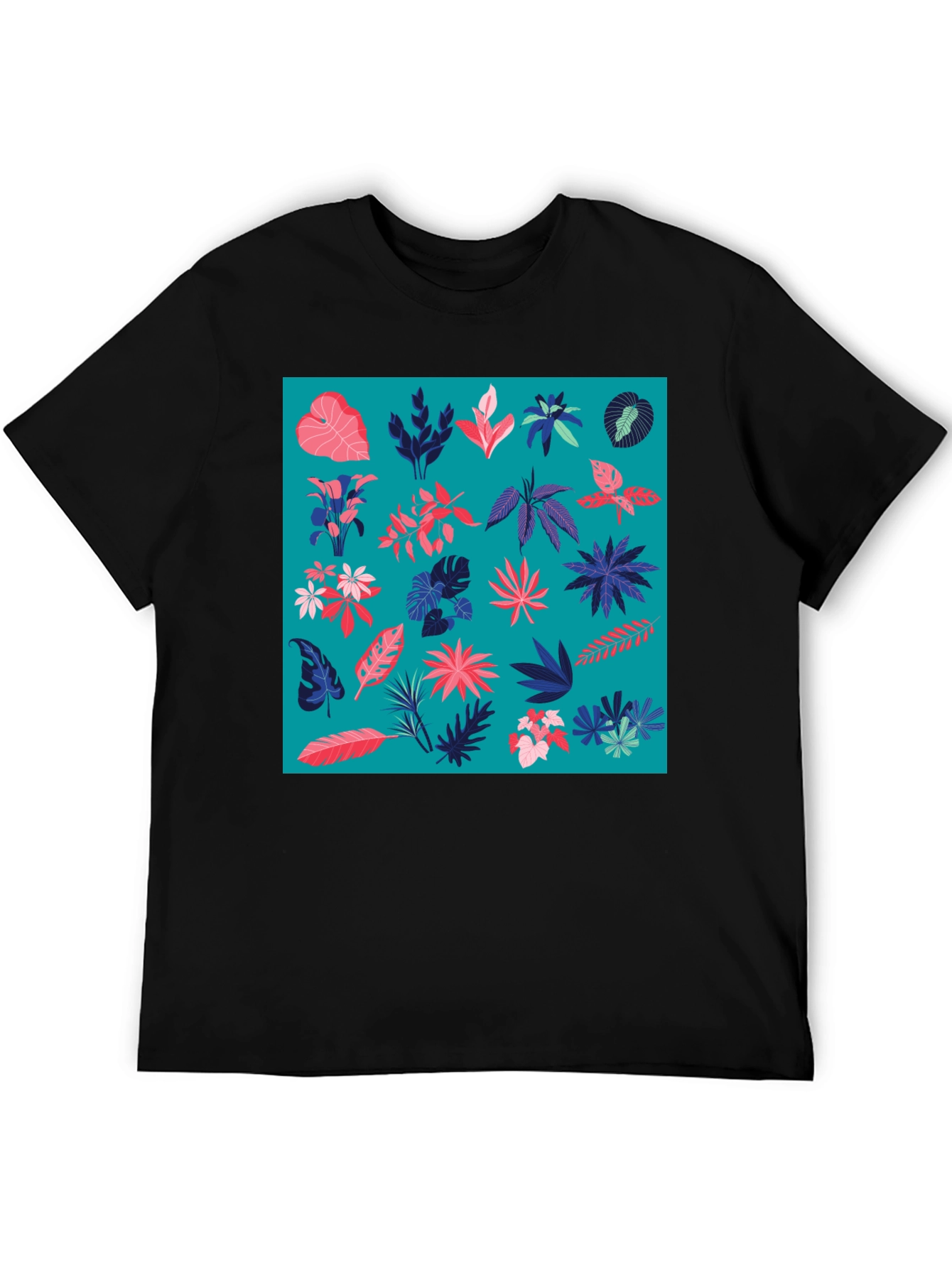 Tropical Plant Pattern Mens Black T-Shirt