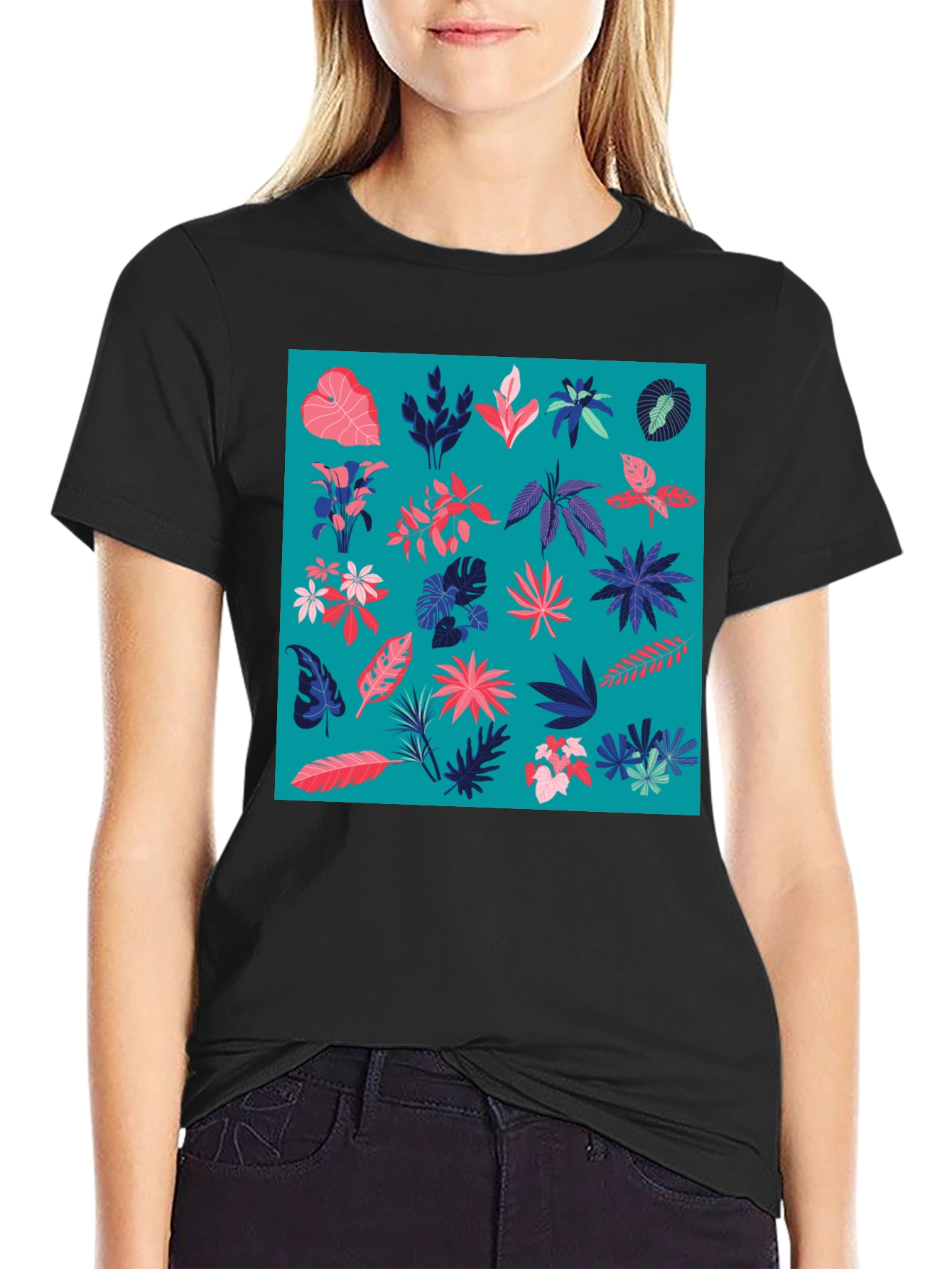 Tropical Plant Pattern Mens Black T-Shirt
