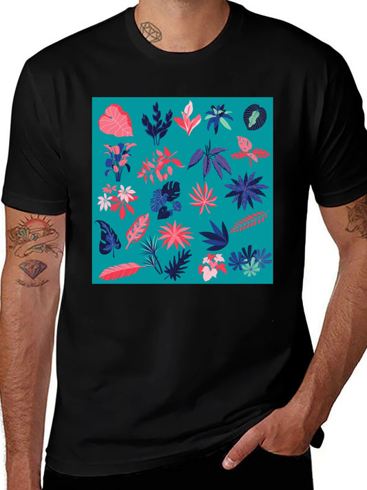 Tropical Plant Pattern Mens Black T-Shirt