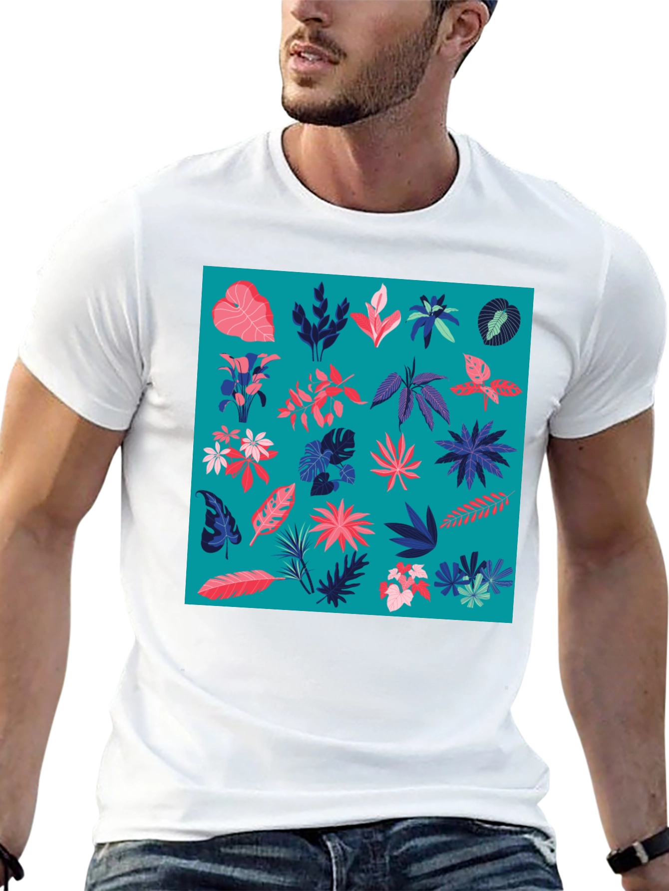 Tropical Plant Pattern Mens Black T-Shirt