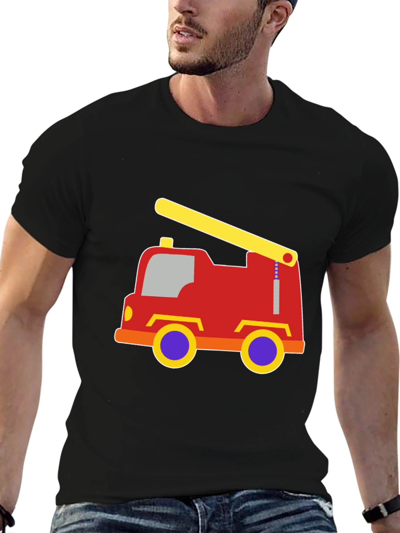 Cartoon Fire Truck Black T-Shirt