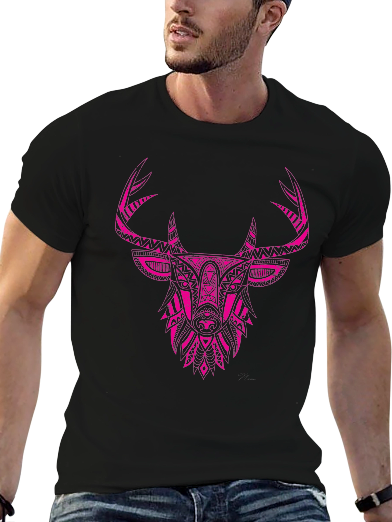 Black T-shirt with Tribal Deer Head Print