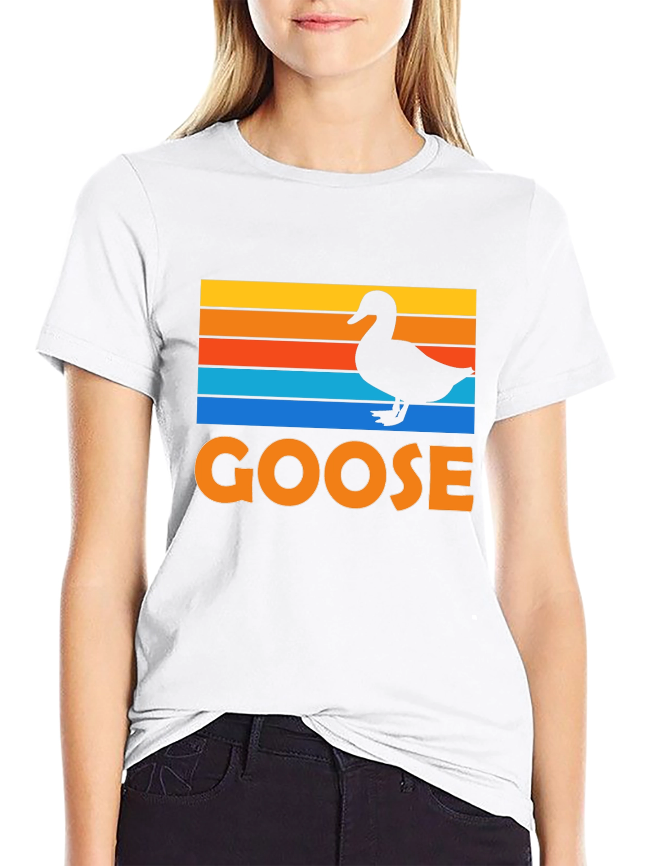 Goose Silhouette Retro Striped Graphic T-Shirt