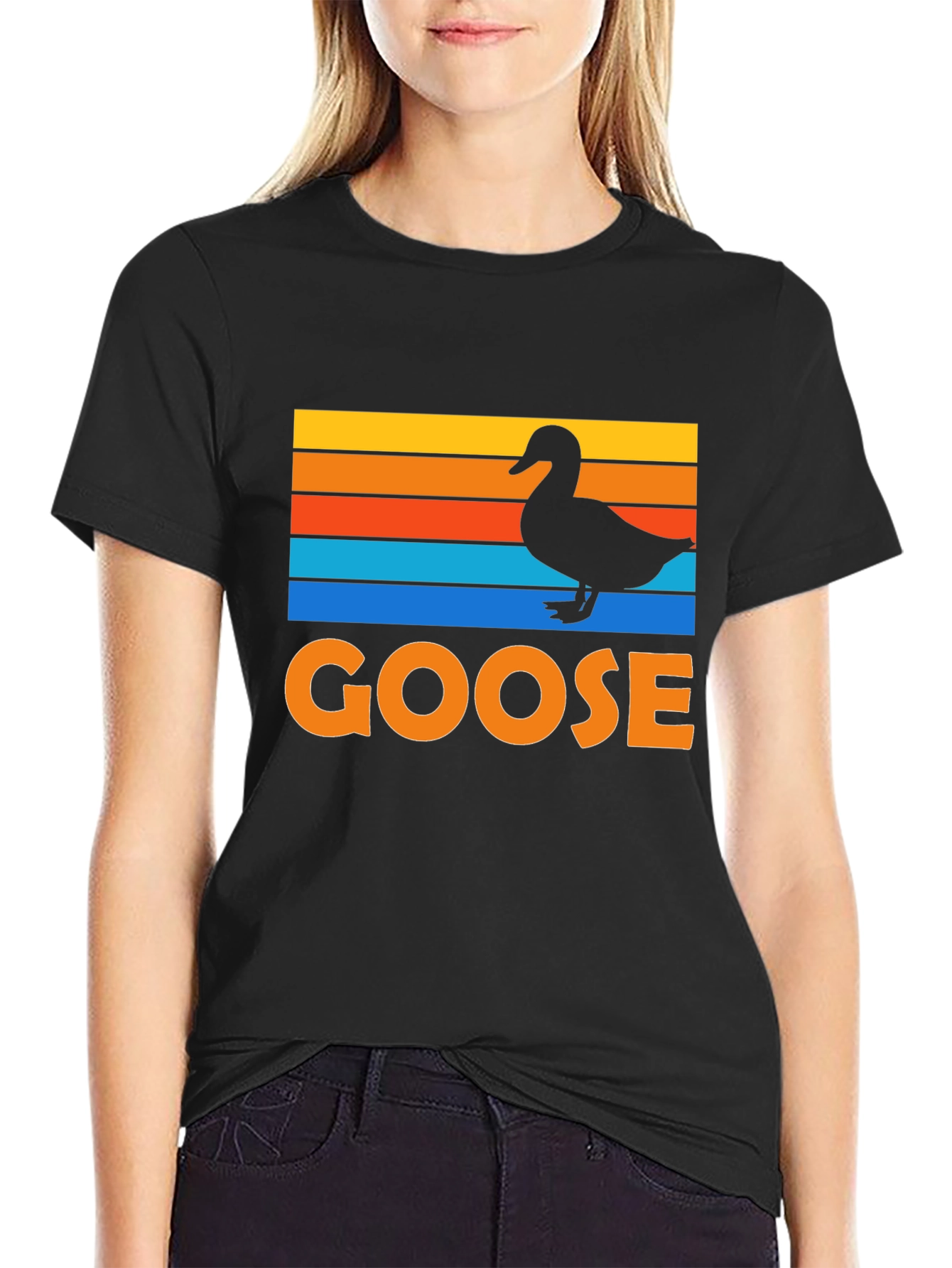 Goose Silhouette Retro Striped Graphic T-Shirt