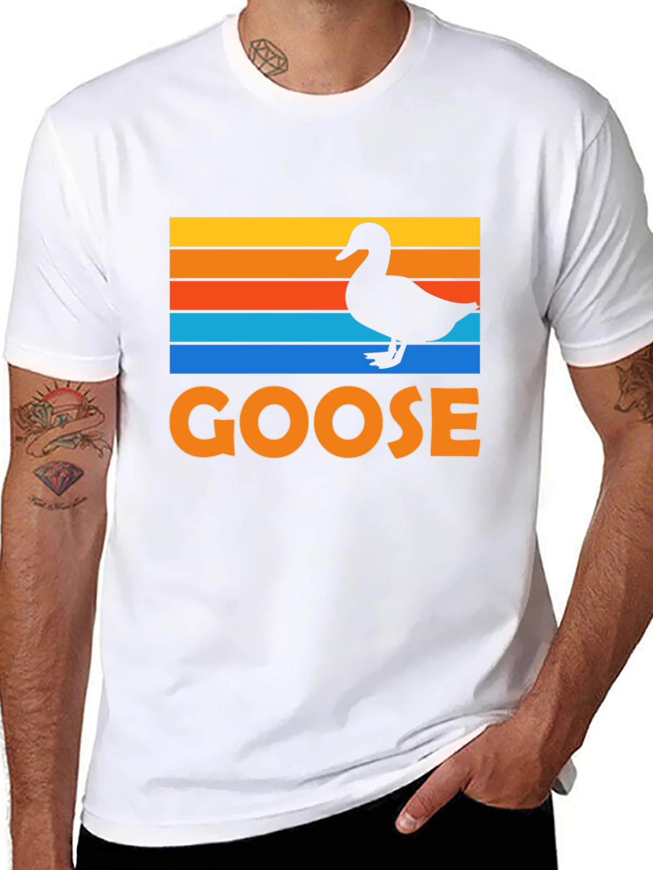Goose Silhouette Retro Striped Graphic T-Shirt