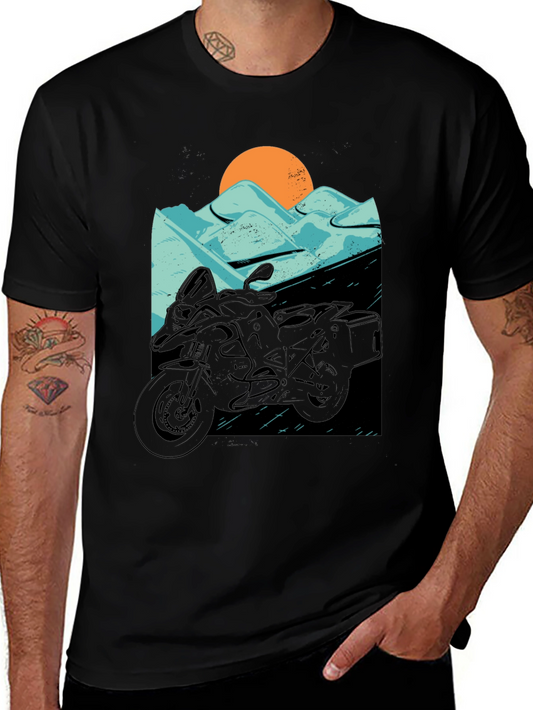 Adventure Motorcycle Graphic Tee - Black Cotton