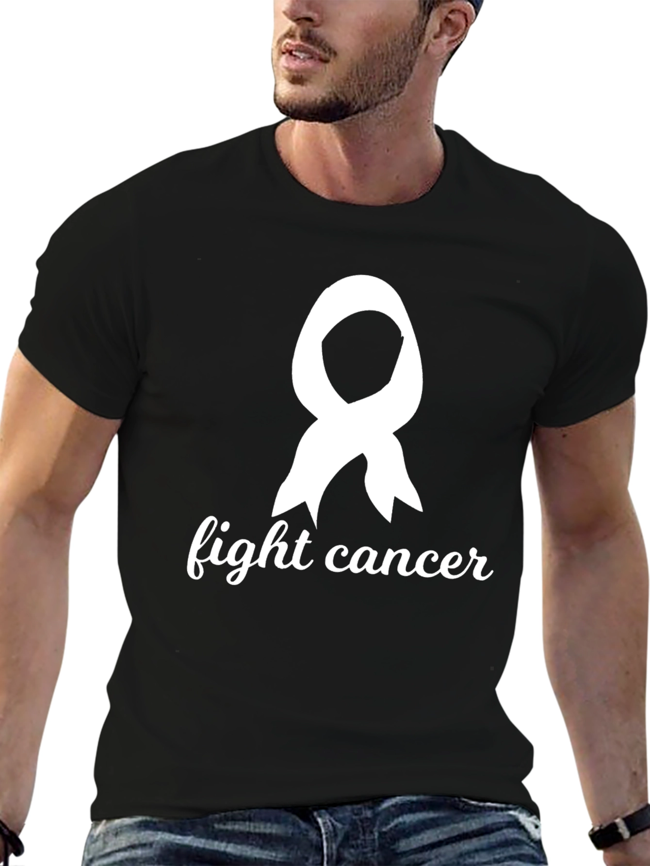 Fight Cancer Awareness Ribbon Graphic Tee - Black