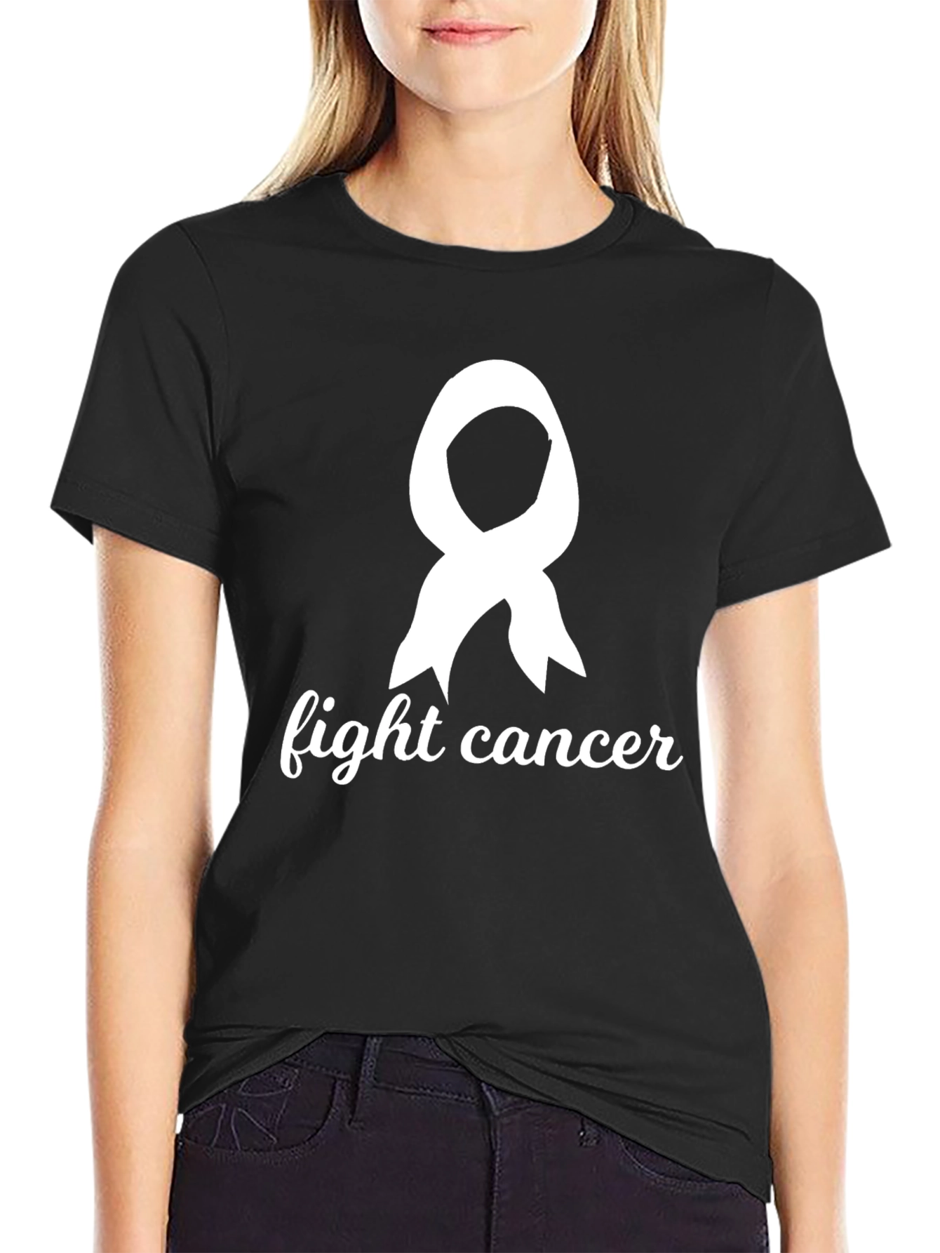 Fight Cancer Awareness Ribbon Graphic Tee - Black