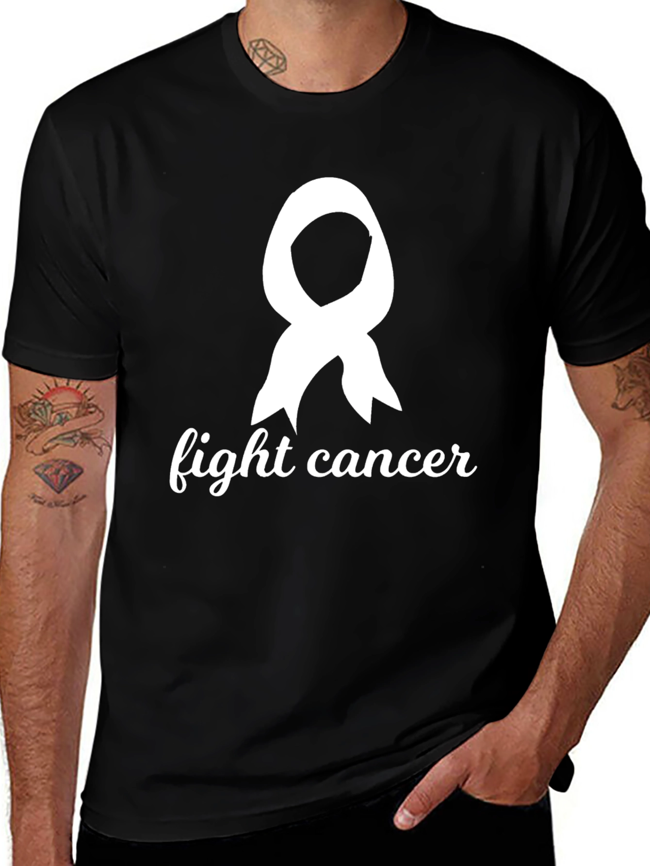 Fight Cancer Awareness Ribbon Graphic Tee - Black