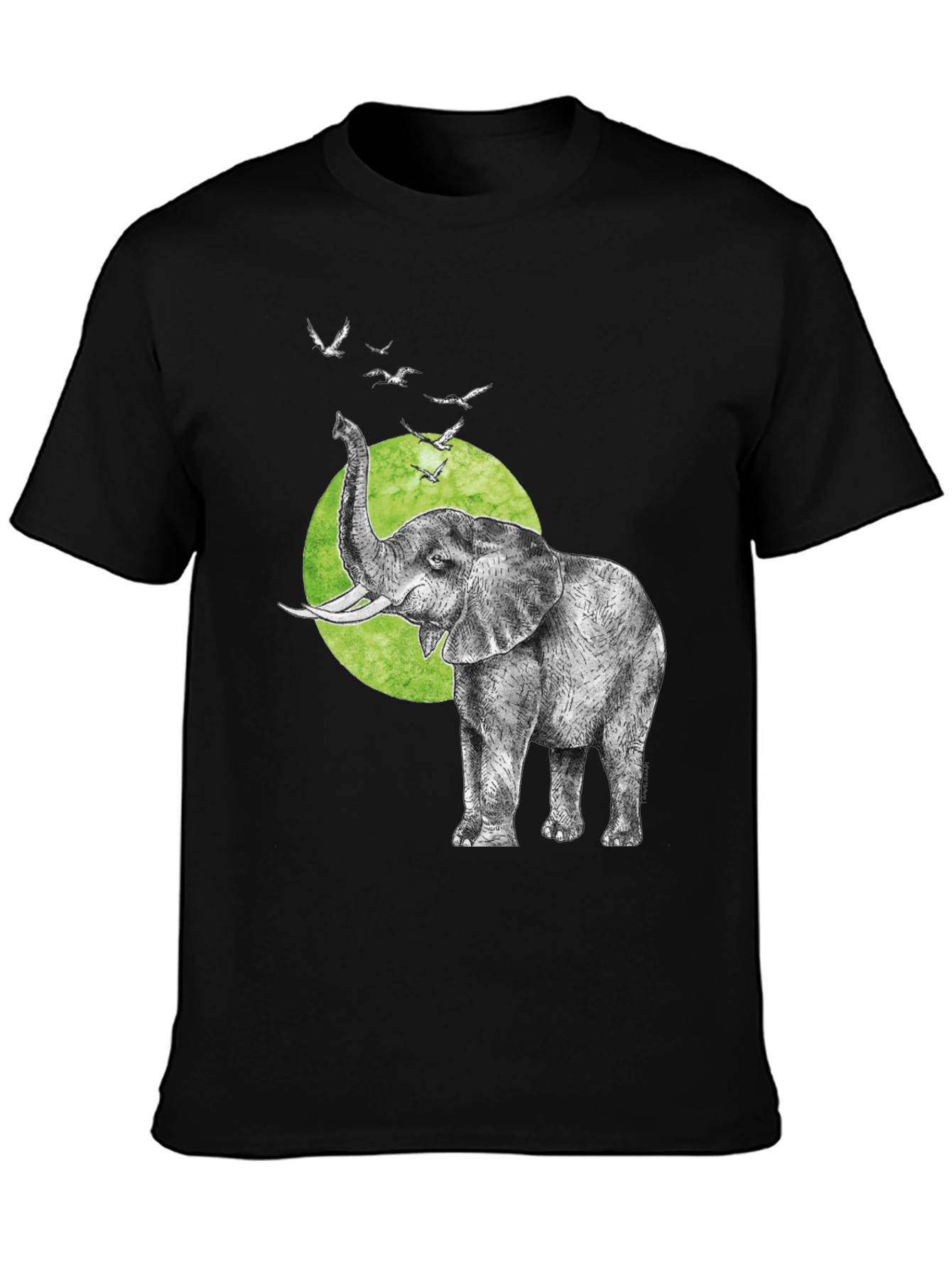 Elephant & Birds Graphic Tee - Black Cotton T-Shirt