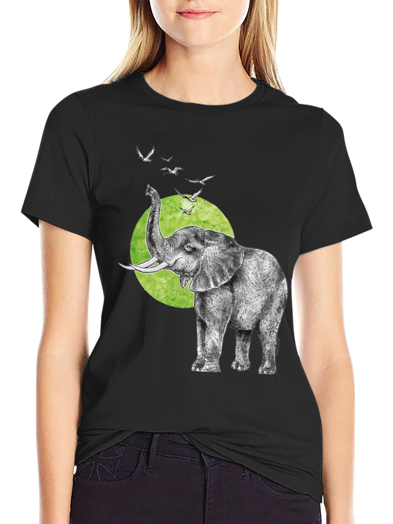 Elephant & Birds Graphic Tee - Black Cotton T-Shirt