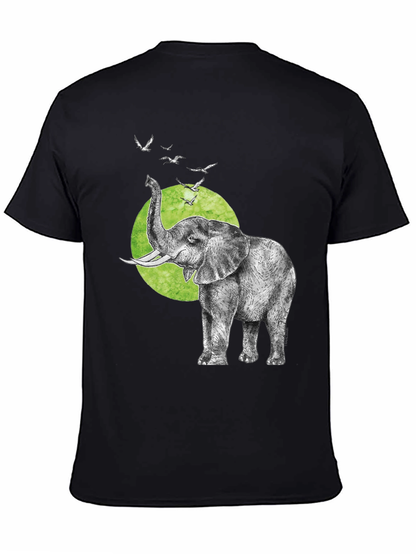 Elephant & Birds Graphic Tee - Black Cotton T-Shirt