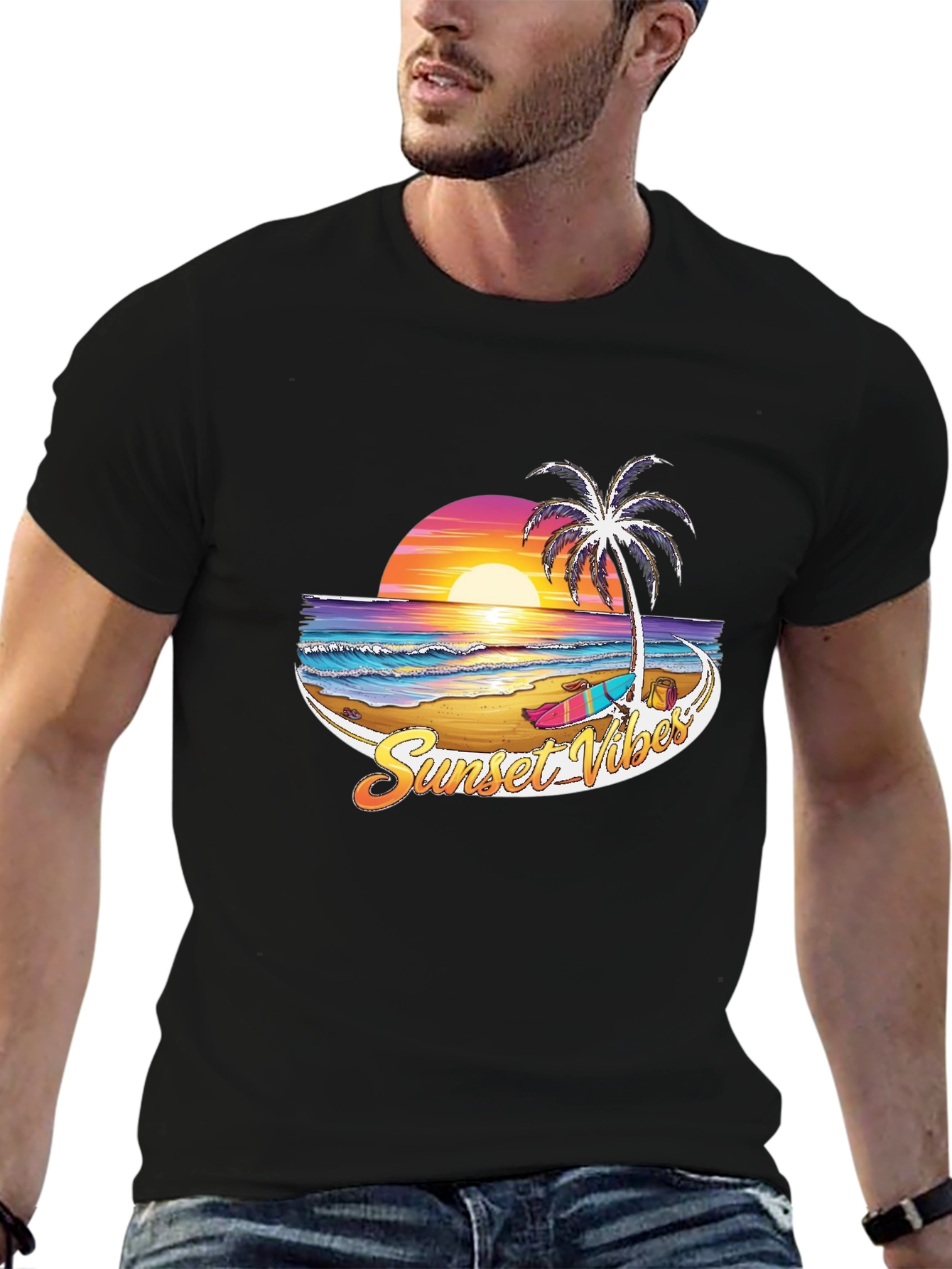 Sunset Vibes Graphic T-Shirt - Beach Palm Tree Design