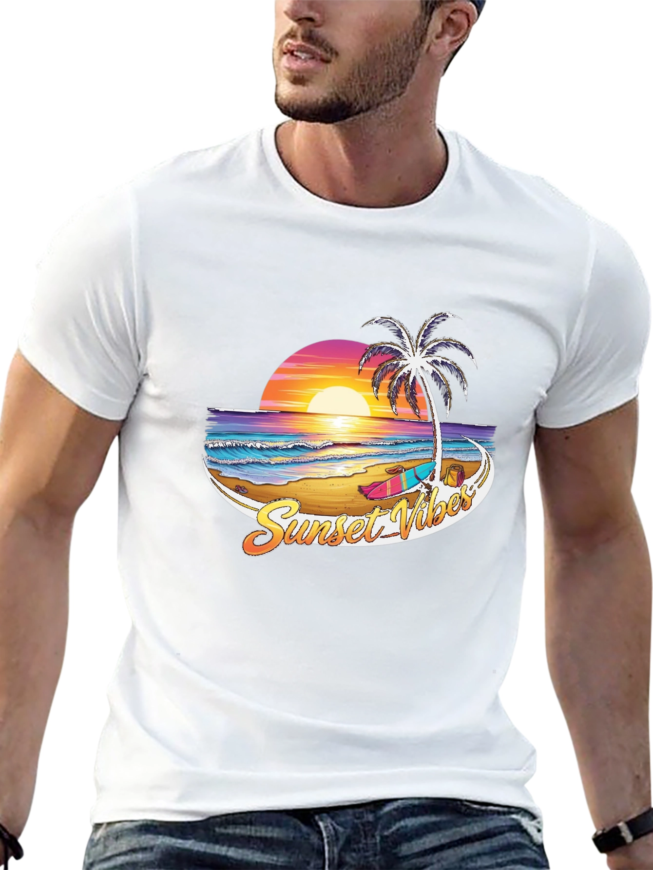 Sunset Vibes Graphic T-Shirt - Beach Palm Tree Design