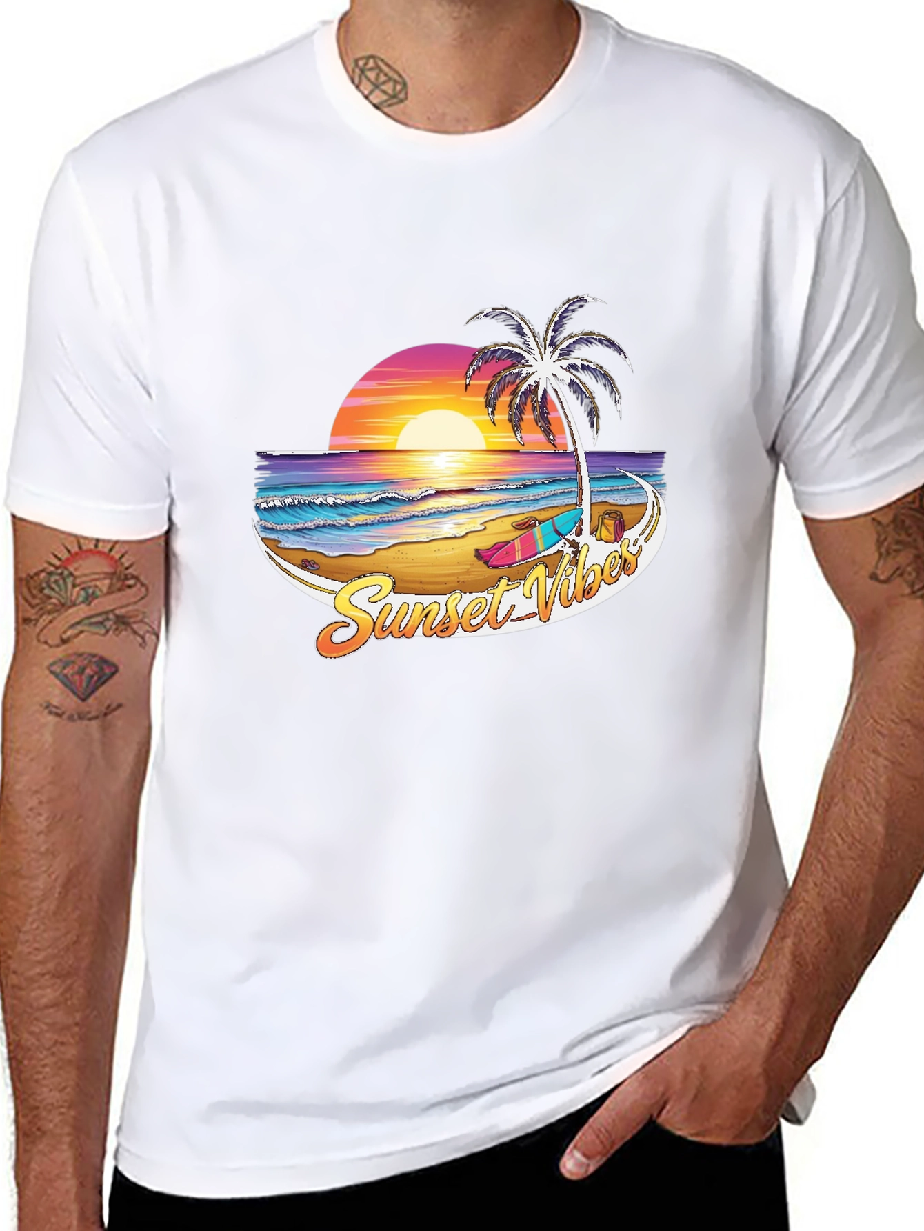 Sunset Vibes Graphic T-Shirt - Beach Palm Tree Design