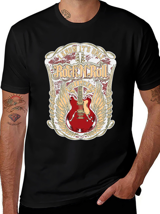 Rock N Roll Guitar Graphic Tee - Black Cotton Shirt