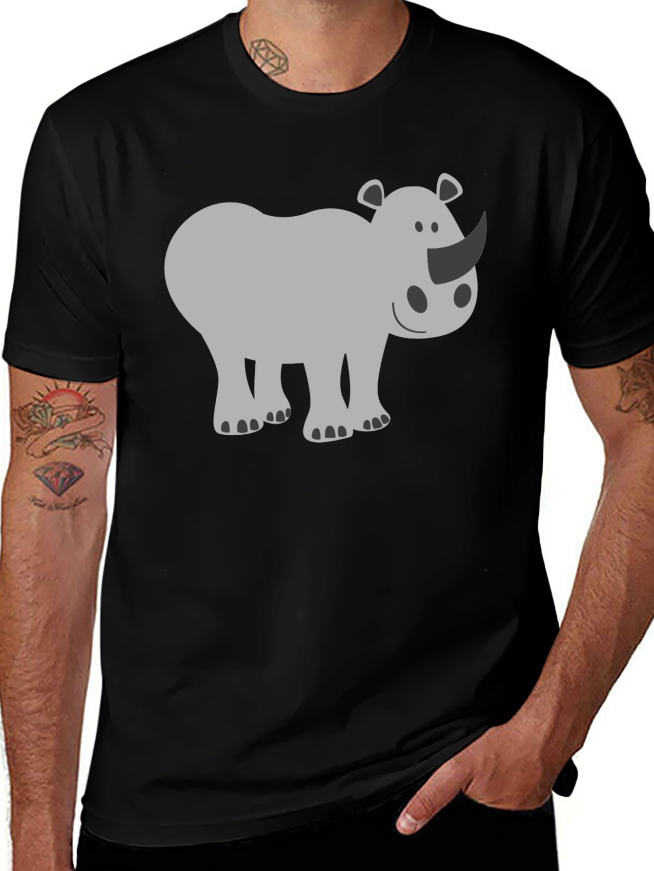 Cute Rhino Graphic Tee - Black Cotton T-Shirt