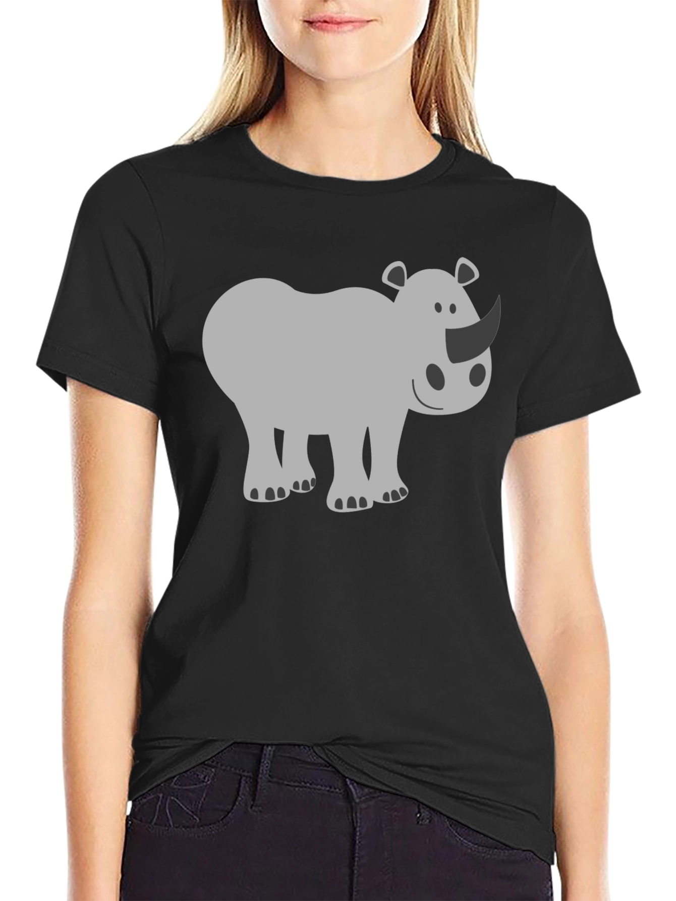 Cute Rhino Graphic Tee - Black Cotton T-Shirt