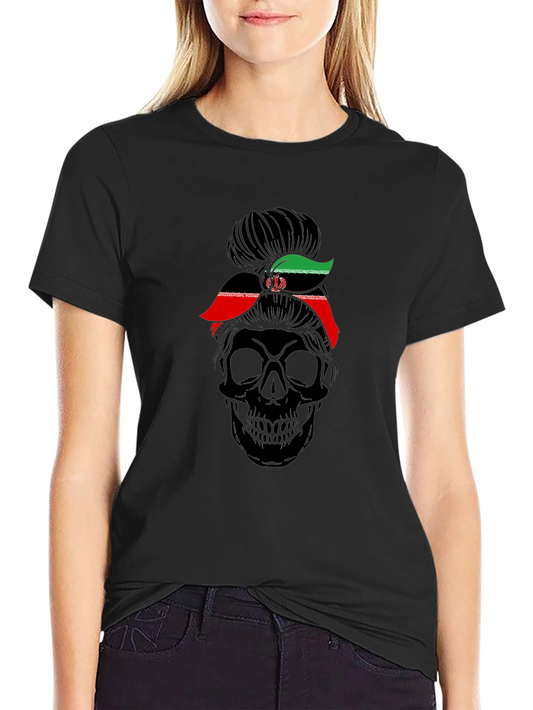 Skull Messy Bun Iran Flag T-Shirt