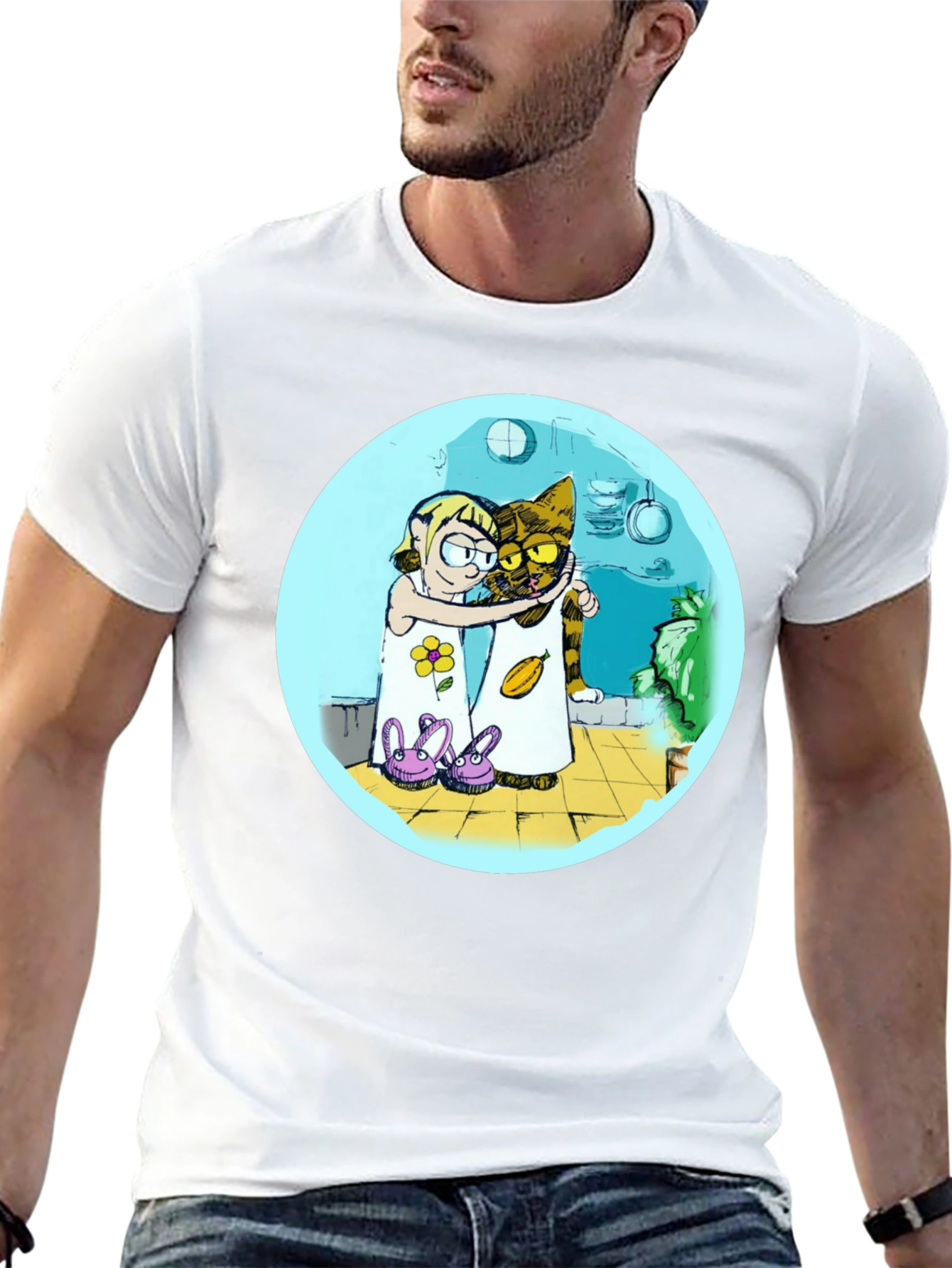 Cartoon Girl and Cat Graphic T-Shirt