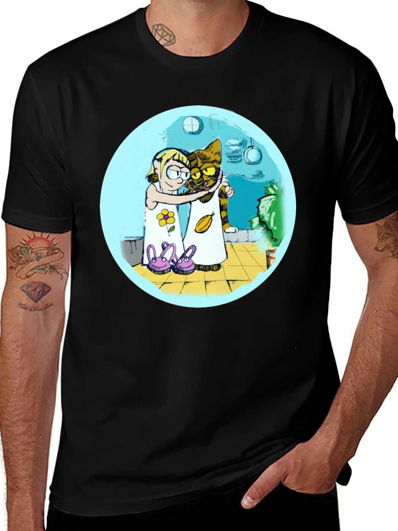 Cartoon Girl and Cat Graphic T-Shirt