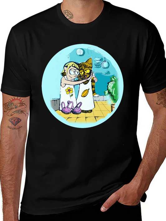 Cartoon Girl and Cat Graphic T-Shirt