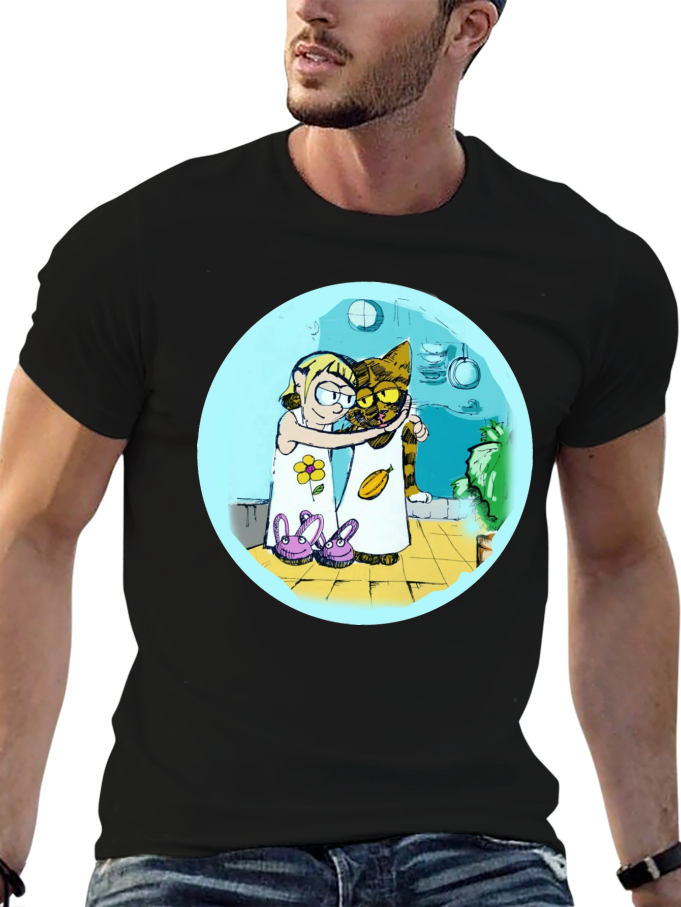 Cartoon Girl and Cat Graphic T-Shirt